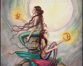 Mermaid Art Print - Gemini Mermaids Fantasy Art - Fine Art Archival Print by Molly Harrison