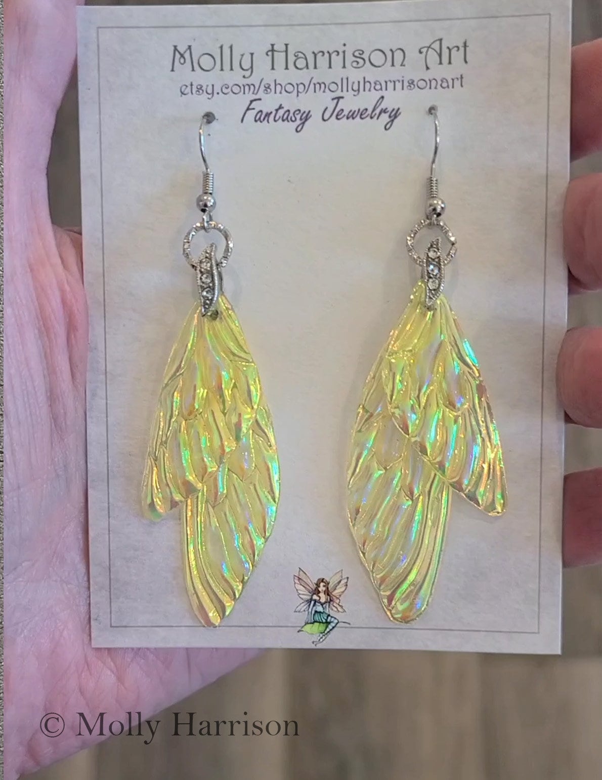 Fantasy Fairy Wing Earrings Lemon Yellow Iridescent 