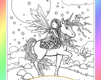 Little Fairy riding Unicorn - Instant Download - Digital Stamp - Coloring Page - Digistamp -  Printable - Molly Harrison