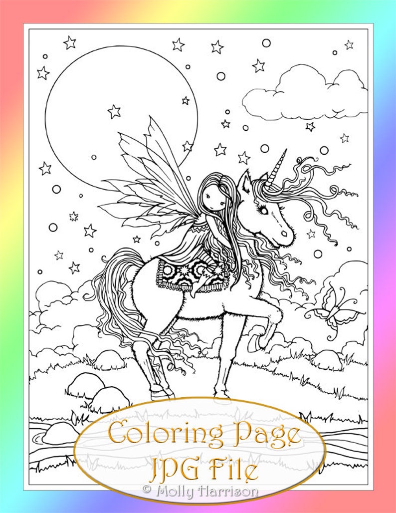 little fairy riding unicorn instant download digital stamp