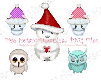 Cute Chirstmas Animals Clipart - Five Separate PNG Files Clipart -  Clip Art - Owl, Polar Bear, Kittens - Instant Download