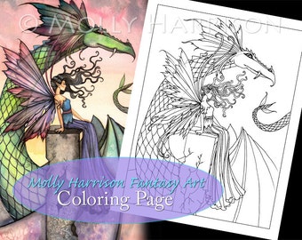 Fairy and Dragon - Digital Stamp - Printable - Adult Coloring Page - Molly Harrison Fantasy Art - Digistamp Coloring Page - 8.5 x 11