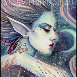 Celesta Celestial Fairy Fine Art Print Moon and Stars Watercolor Archival Print image 1