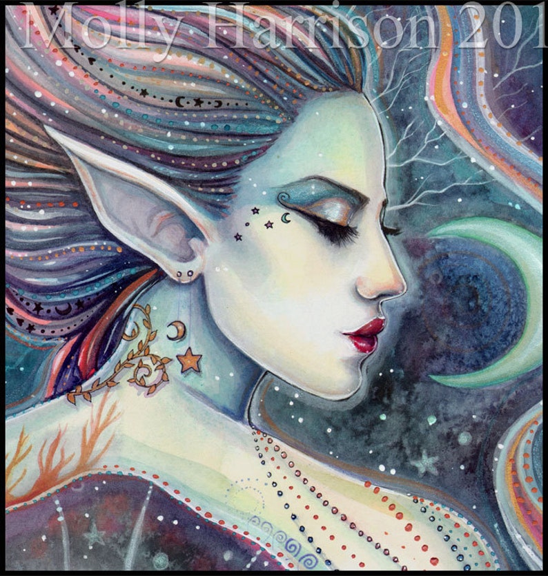 Celesta Celestial Fairy Fine Art Print Moon and Stars Watercolor Archival Print image 1