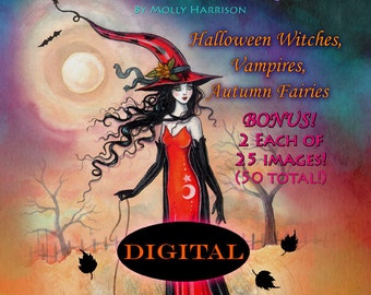 Printable Digital Download - Autumn Fantasy Coloring  Book by Molly Harrison - Witches, Vampires, Fall Fairies