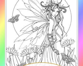 Strolling Grass Fairy - Instant Download - Digital Stamp - Printable - Molly Harrison - fairy in flowers and grass, moth