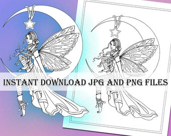 Fairy on Crescent Moon - Instant Download Coloring Pages - JPG File and PNG File - Celestial Fairy Fantasy Artwork - Molly Harrison Art