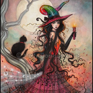 October Flame Halloween Witch and Black Cat Giclee Print of Original ...