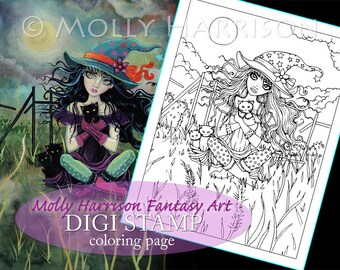 Digital Stamp Printable Coloring Page Fantasy Art Witch - Etsy