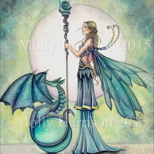 Fairy Dragon Print - Fairy Art - Aquamarine Dragon - Fairy and Dragon Fantasy Art - Watercolor Fine Art Print Molly Harrison