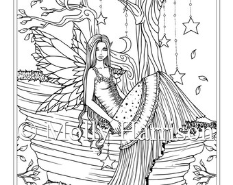 Magical Tree Autumn Fairy and Fox - Instant Download Printable - Molly Harrison Fantasy Art - Coloring Page JPG - 8.5 x 11