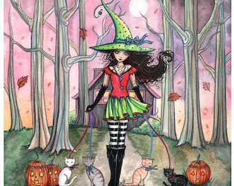 May include: An 8x10 inch watercolor print of a witch walking four cats on leashes through a forest. The witch wears a green hat, red top, and green skirt. Pumpkins and a full moon are also in the scene.