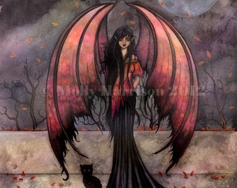 Fairy Print -  Autumn Mystique Fantasy Art Print - Gothic Vampire Halloween Fairy with Black Cat by Molly Harrison