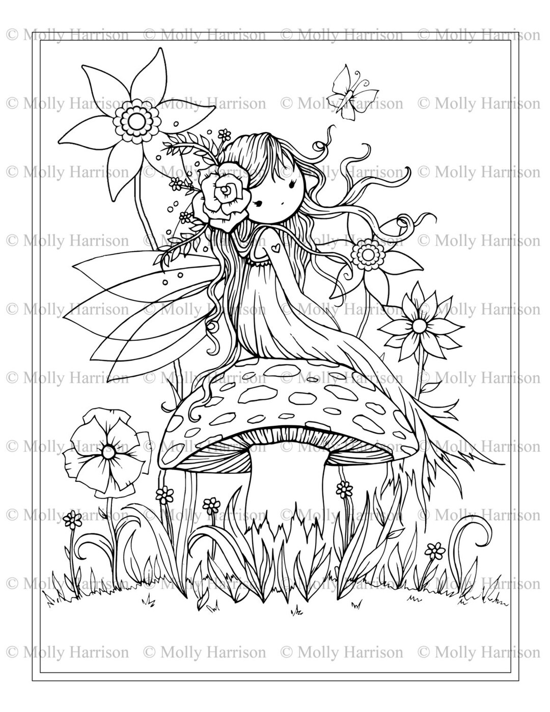 Fairy Sitting on Mushroom Printable Coloring Page Whimsical, Floral ...