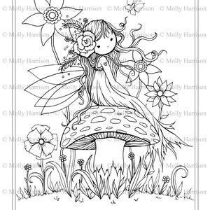 Fairy Sitting on Mushroom - Printable Coloring Page - Whimsical, Floral, Cute - Molly Harrison Fantasy Art - Instant Download