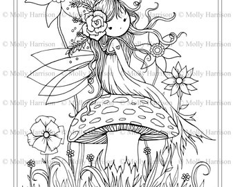 Fairy Sitting on Mushroom - Printable Coloring Page - Whimsical, Floral, Cute - Molly Harrison Fantasy Art - Instant Download