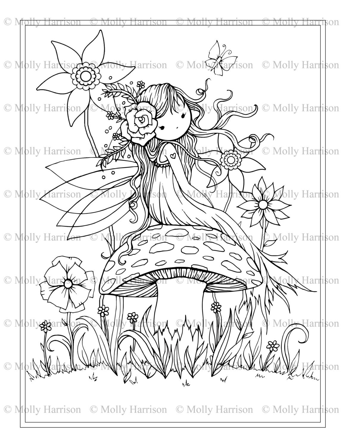 Download Fairy Sitting on Mushroom Printable Coloring Page | Etsy