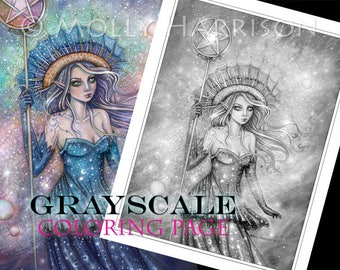 Aas van Pentakels - Instant Download afdrukbare Tarot Art GRIJSWAARDEN kleurplaat door Molly Harrison - Volledig formaat 8,5 x 11 JPG-bestand