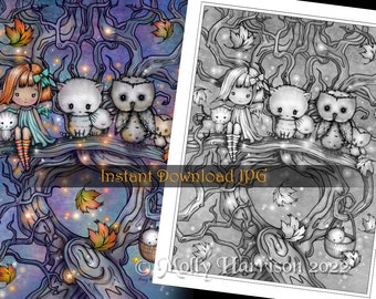 The Autumn Tree Fairy Cats and Owls - Grayscale Coloring Page - Molly Harrison - Printable Instant Download - Halloween Coloring Pages