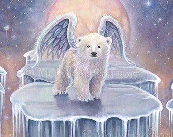 Polar Bear Print - Arctic Angel - Polar Bear Cub Angel Fine Art Watercolor Giclee Print by Molly Harrison