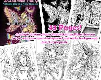 Hand Drawn - Not AI - Bohemian Fairy Coloring Book by Molly Harrison - Printable Coloring Book - Fairies and Fantasy Art