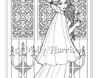 Vampire Queen with Candle- Instant Download Printable - Halloween Fantasy - Molly Harrison Fantasy Art -  Coloring Page JPG - 8.5 x 11