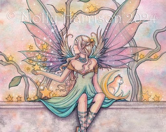 Sitting With Stars Fairy and Orange Tabby Cat - Archival Print - Fantasy Art by Molly Harrison