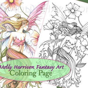 Pink Flower Fairy - Digital Stamp - Printable - Flower Fairy Art - Molly Harrison Fantasy Art - Digistamp Coloring Page - Digi Stamp