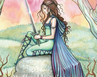 Contemplating Guinivere - Watercolor Fantasy Art Illustration by Molly Harrison - Fine Art Print - Fairytale, fairy, legend, King Arthur