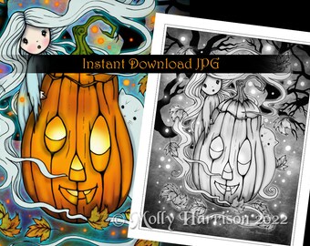 Little Ghost with Giant Pumpkin - Grayscale Coloring Page - Molly Harrison - Printable Instant Download - Halloween Coloring Pages