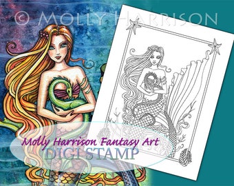 Sea Dragon - Digital Stamp - PRINTABLE - Instant Download- Mermaid Art - Molly Harrison Fantasy Art - Digistamp Coloring Page