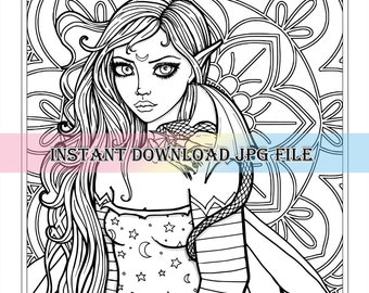 Dragon Girl Version 2 - Printable Instant Download JPG File - Line Art Coloring Page - Molly Harrison Fantasy Art