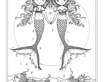 Cute Mermaid Twins, Moon and Fish - Coloring Page - Line Art - Whimsical World by Molly Harrison Fantasy Art