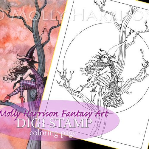 Digital Stamp Printable Coloring Page Fantasy Art Witch - Etsy UK