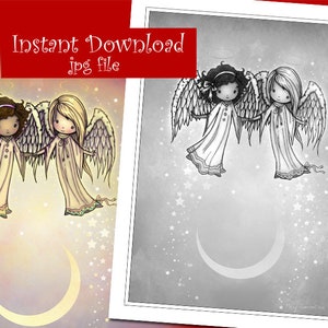 Instant Download JPG File - Cute Angel Friends Grayscale - Coloring Page - by Molly Harrison