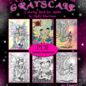 Instant Download Printable - Magical Fairy World -  A GRAYSCALE Coloring Book for Grownups - Molly Harrison Fantasy Art - 20 Images