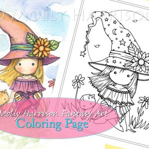 Tiny Witch and Cat - Coloring Page - Printable - Whimsical Fun Witch - Molly Harrison Fantasy Art - Instant Download