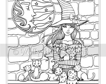 Cat Lover 3 - Digital Stamp - Printable - Halloween Witch and Cats - Molly Harrison Fantasy Art - Digi stamp Coloring Page JPG - 8.5 x 11