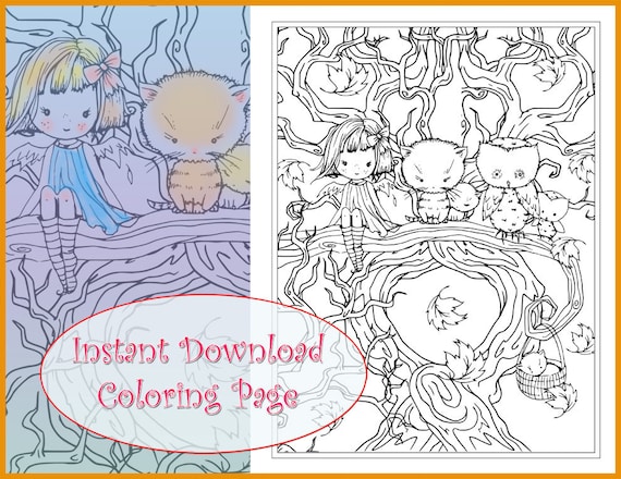 Mała Wróżka Z Kotki I Sowy W Drzewach Drukowalne Kolorowanki Strona Cute Fantasy Art Molly Harrison Fantasy Art Instant Download