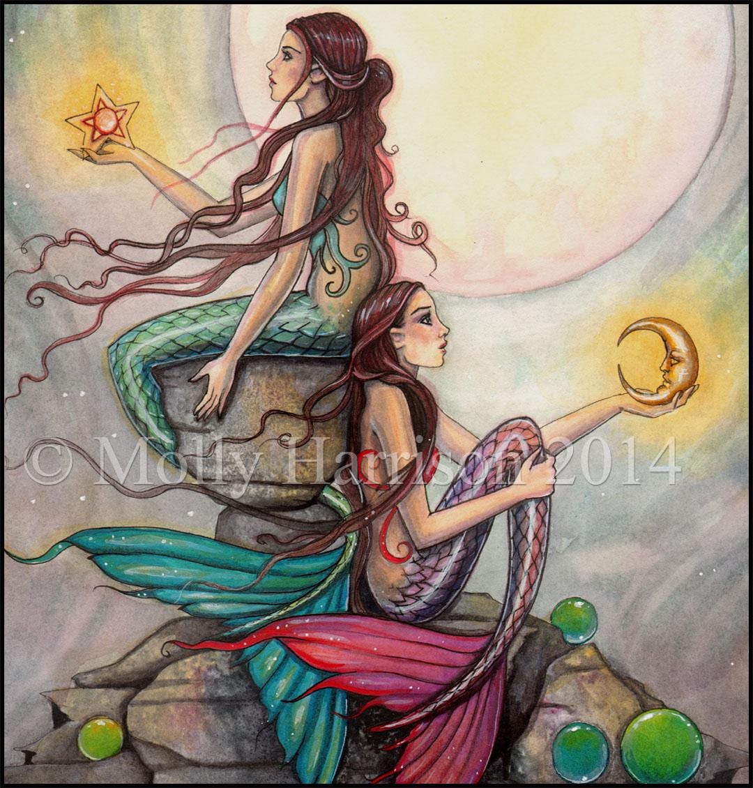 Gemini Mermaids Fantasy Art - Fine Art Giclee Print by Molly Harrison ...