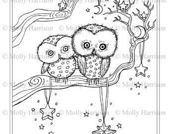 Little Winter Owls Coloring Page -  Printable Instant Download - Downloadable - All Ages! Chrismas