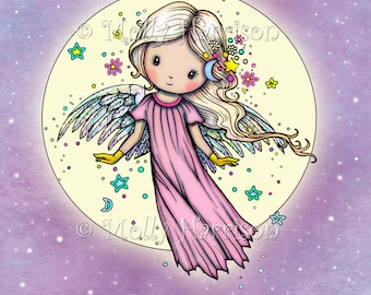 Whimsical Angel in the Stars Full Moon Fantasy Art Print - Cute angel - Molly Harrison Art