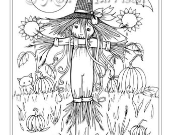 Whimsical Scarecrow -  Instant Download Printable - Halloween Fantasy - Molly Harrison Art -  Coloring Page JPG - 8.5 x 11