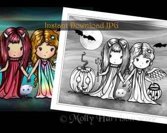 Cute Angel and Devil - Grayscale Coloring Page - Molly Harrison - Printable Instant Download - Halloween Coloring Pages