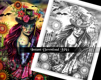 Sugar Skull Girl - Grayscale Coloring Page - Molly Harrison - Printable Instant Download - Halloween Coloring Pages - Day of the Dead