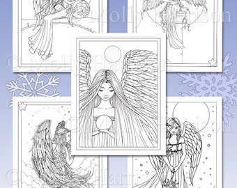 Set of 5 Angels - Fantasy Art - Printable Instant Download - Adult Coloring Pages - Christmas Angel - Fairy, angels, whimsical, elegant