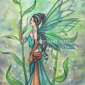 Blue Green Garden - Fairy Watercolor Illustration - Fine Art Print - Artwork by Molly Harrison Fantasy Art