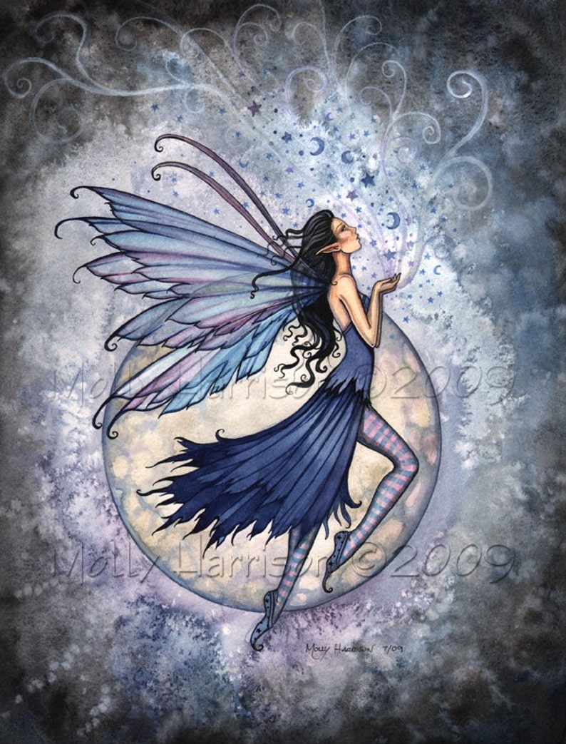 Fairy Art Print Fantasy Art Print by Molly Harrison 'Midnight Blue' Beautiful Night Fairy Blue Faery Fairies, Fantasy Artwork image 1