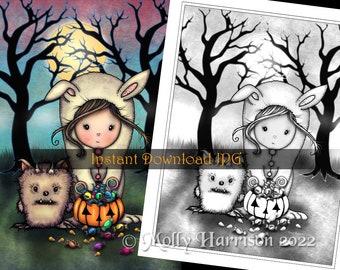 The Trick-or-Treaters - Grayscale Coloring Page - Molly Harrison - Printable Instant Download - Halloween Coloring Pages