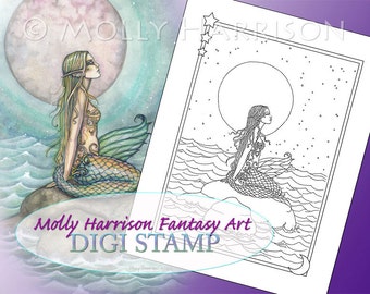 The Pastel Sea - Digital Stamp - PRINTABLE - Instant Download- Mermaid Art - Molly Harrison Fantasy Art - Digistamp Coloring Page